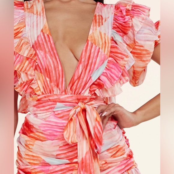 NWT L’atiste By Amy Womens M Multicolor Ruffle Mini Dress Deep V Puff Sleeve - Picture 14 of 14